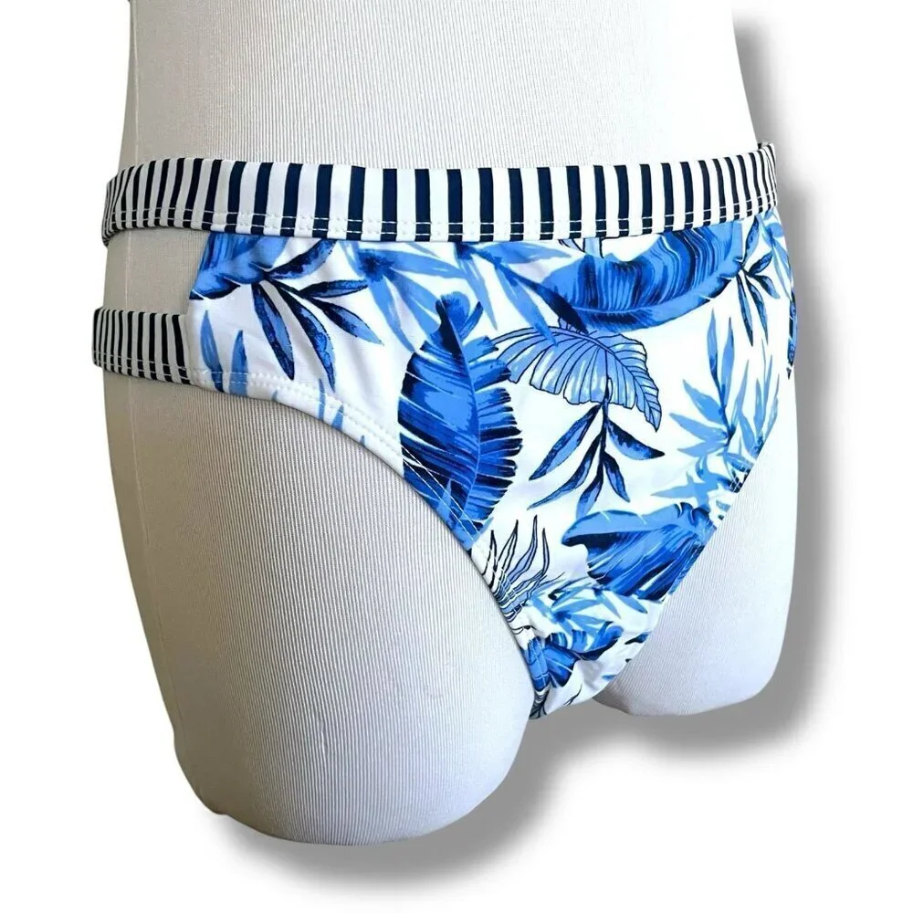 No Boundaries Womens Bikini Plus Sz XL 3X Blue White Palm Print Cut Out Swimsuit